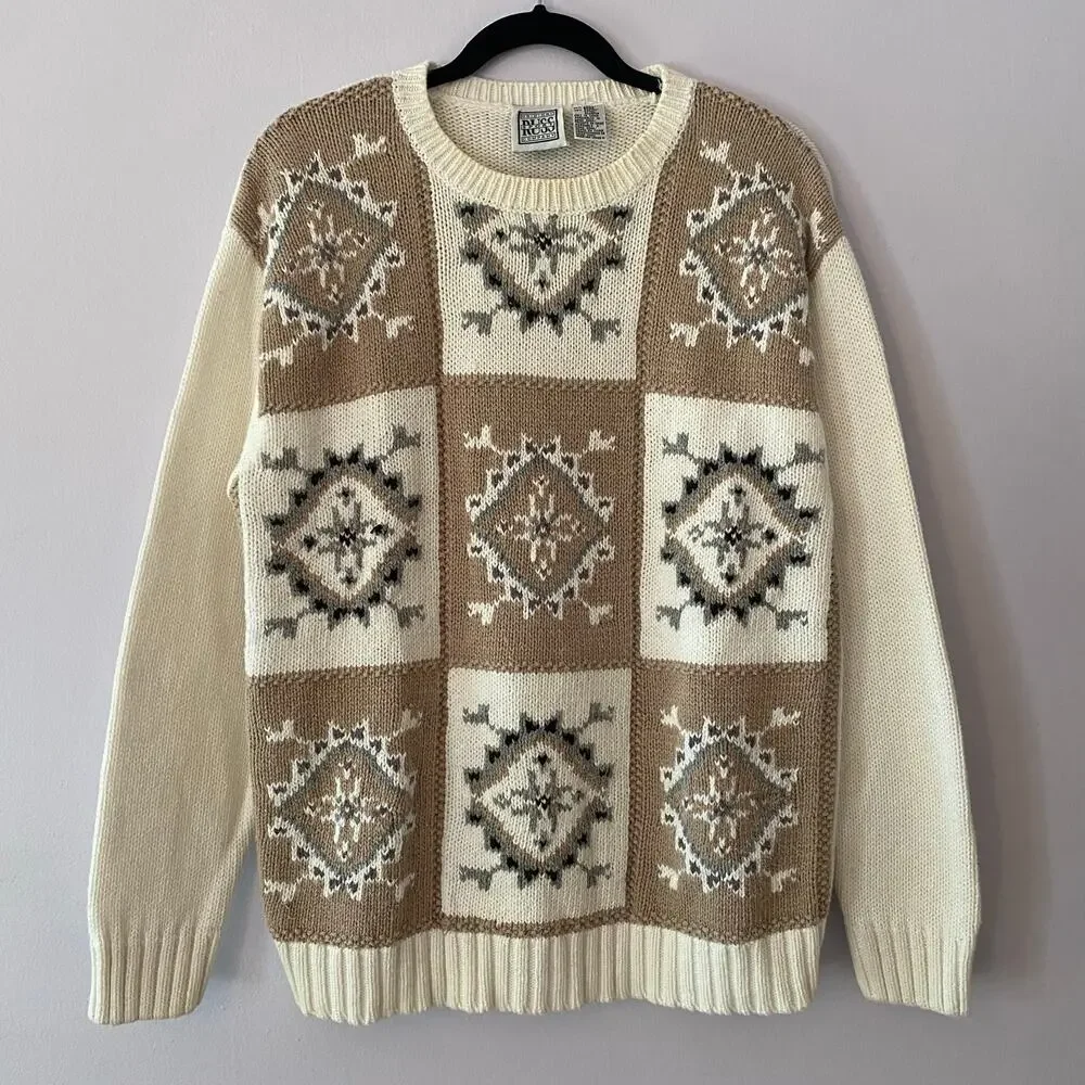 Vintage Russ Sport Grannycore White Brown Knit Chunky Crewneck Sweater Medium